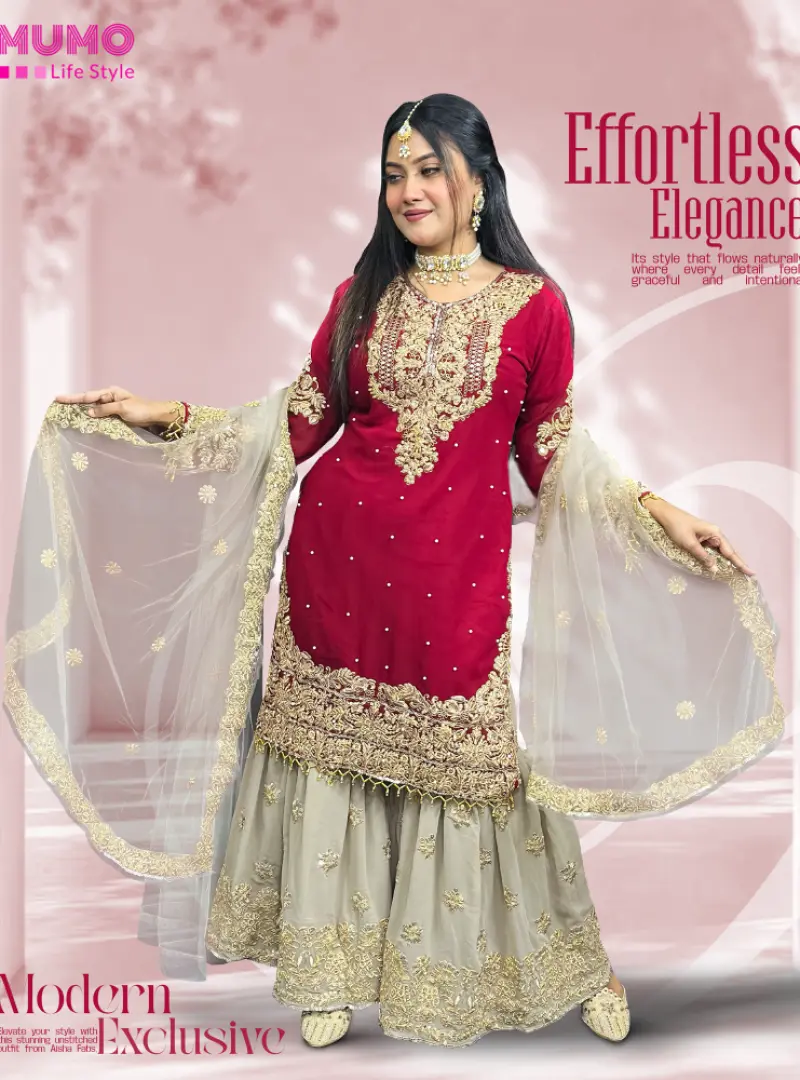 Aisha Fabs Exclusive Pakistani Unstitched 4 Piece Red Color